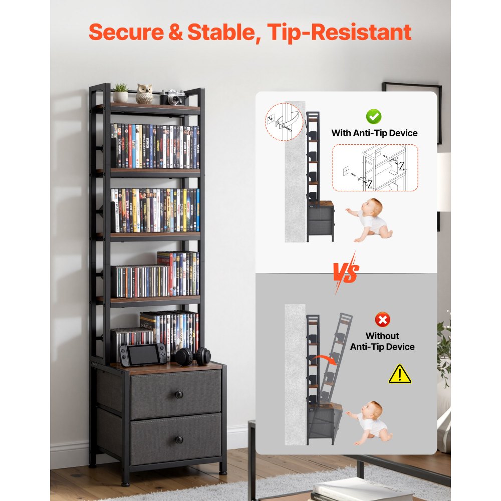 VEVOR DVD-Regal mit 4 Ablagen & 2 Schubladen, Medienregal Standregal 400 x 300 x 1435 mm, Platzsparendes Aufbewahrungsregal für CDs DVDs Bücher Spiele-Discs, Wohnzimmer Homeoffice, Schwarz