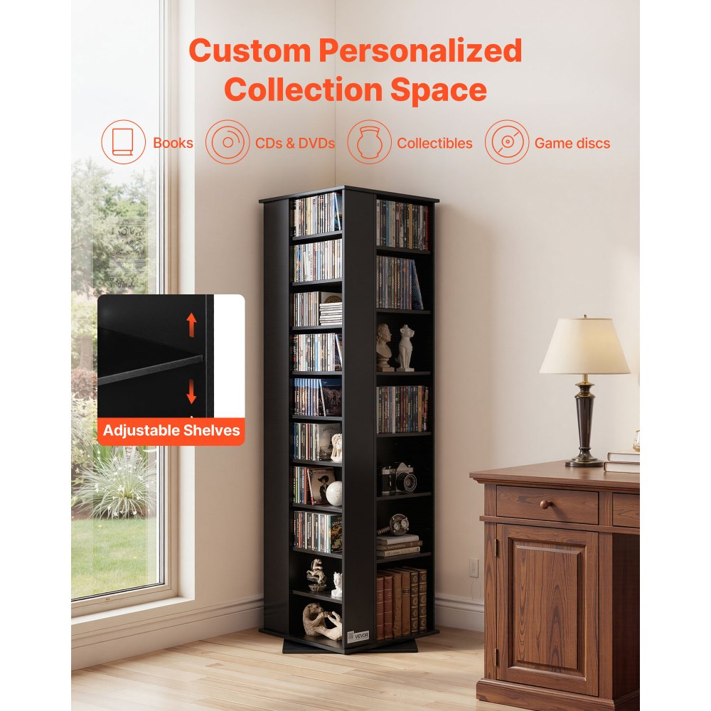 VEVOR DVD-Drehregal mit 34 Fächern, Einstellbares Medienregal Standregal 475 x 475 x 1636 mm, Platzsparendes Aufbewahrungsregal für CDs DVDs Bücher Spiele-Discs, Wohnzimmer Homeoffice, Schwarz