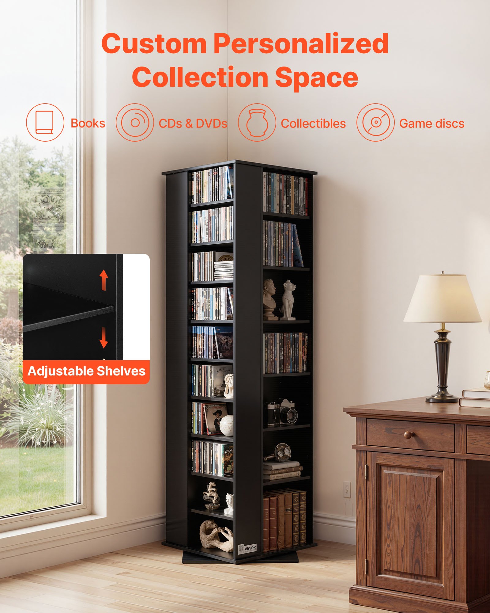 VEVOR DVD-Drehregal mit 34 Fächern, Einstellbares Medienregal Standregal 475 x 475 x 1636 mm, Platzsparendes Aufbewahrungsregal für CDs DVDs Bücher Spiele-Discs, Wohnzimmer Homeoffice, Schwarz