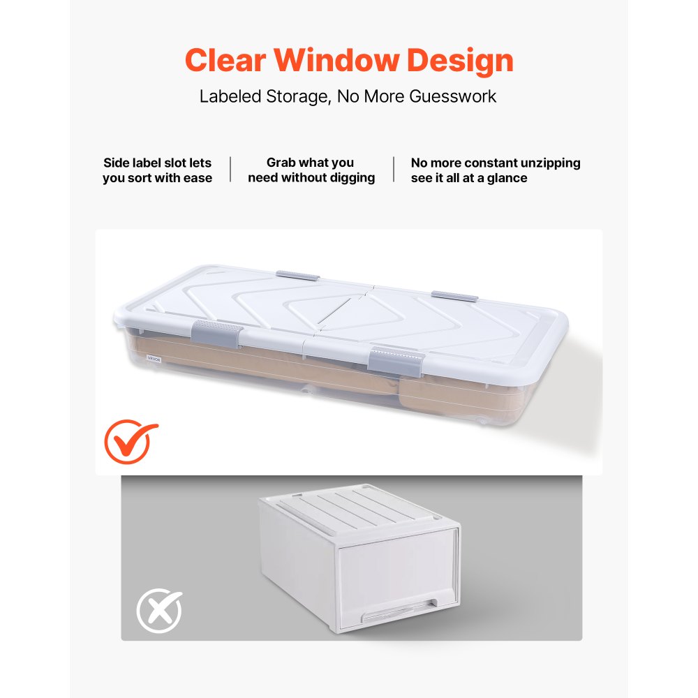 VEVOR Under Bed Storage with Wheels, 805 x 396 x 175 mm Underbed Containers, Underbed Shoes Organizer with Lid and Gray Latch, Rolling Under the Bed Storage Bins for Clothes Shoes Blankets, 4 Pack