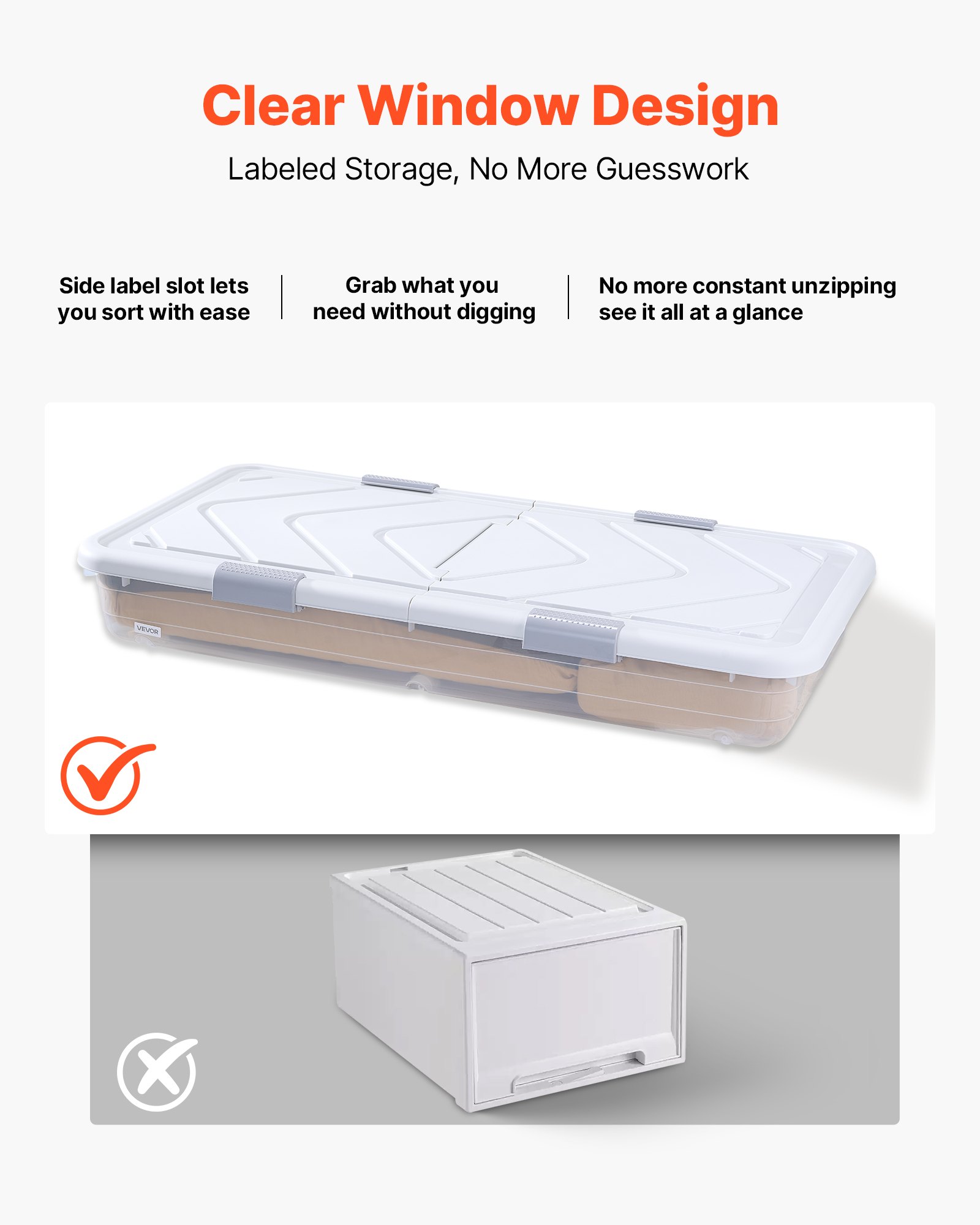 VEVOR Unterbettkommode Unterbettaufbewahrungsbox 4 Stk. Rollbar (805 x 396 x 175 mm) Unterbettbehälter mit Deckel & 
grauem Riegel, Aufbewahrungsbox Organizer für Kleidung Schuhe Decken Schlafzimmer