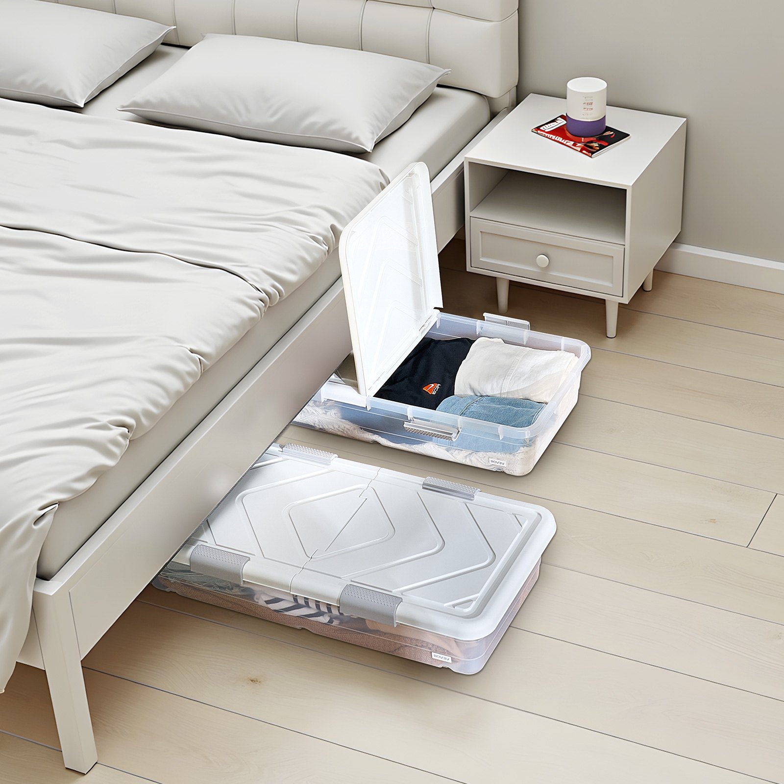 VEVOR Unterbettkommode Unterbettaufbewahrungsbox 4 Stk. Rollbar (805 x 396 x 175 mm) Unterbettbehälter mit Deckel & 
grauem Riegel, Aufbewahrungsbox Organizer für Kleidung Schuhe Decken Schlafzimmer