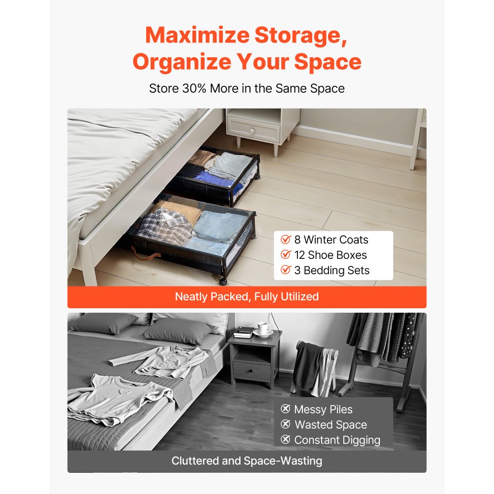 VEVOR Unterbettkommode Unterbettaufbewahrungstasche aus Oxford-Gewebe 2 Stk. rollbar (915 x 460 x 185 mm) Unterbettbehälter mit transparentem Deckel, mobile Aufbewahrungsbox für Kleidung Schuhe