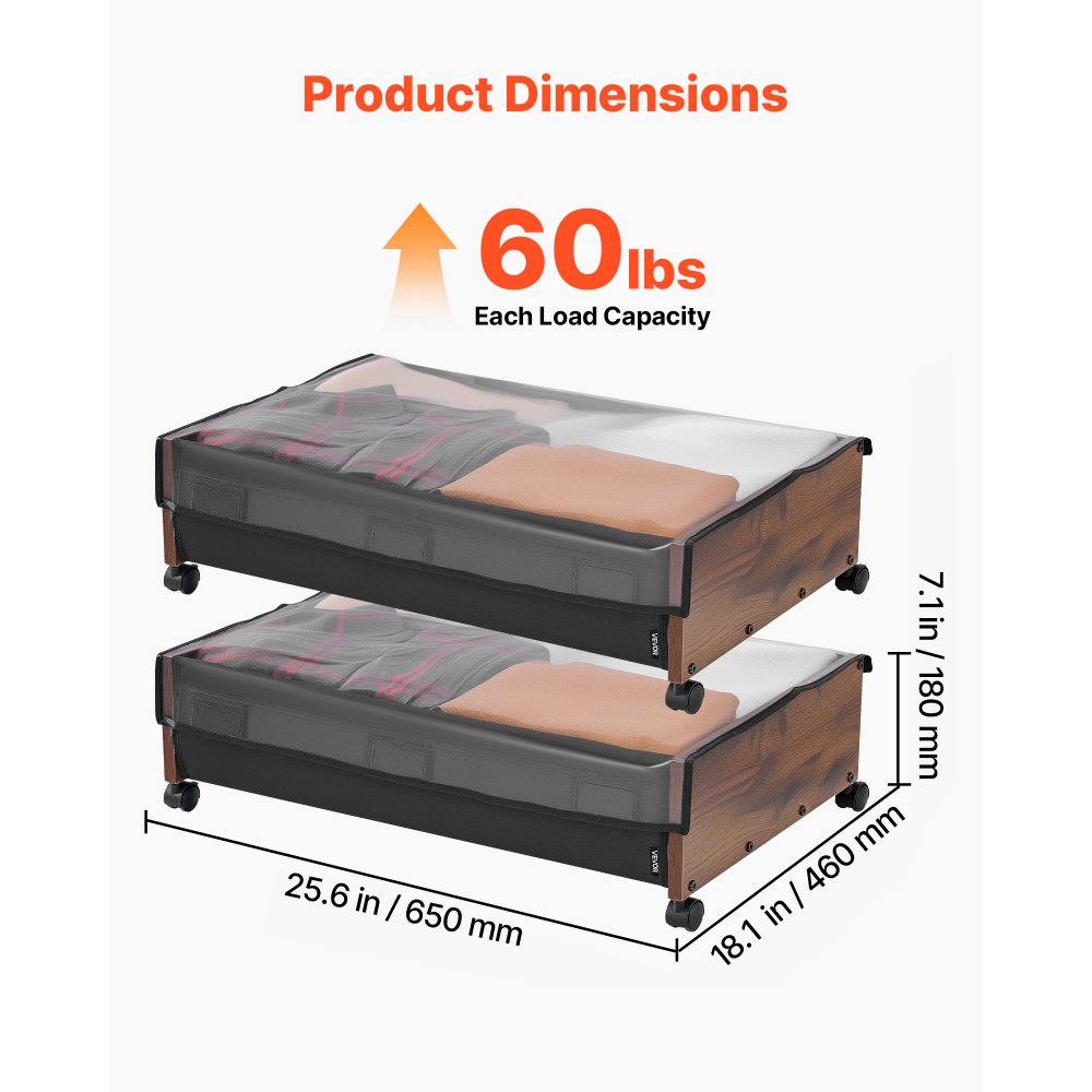 VEVOR Unterbettkommode Unterbettaufbewahrungstasche 2 Stk. rollbar (650 x 460 x 180 mm) Unterbettbehälter mit feststellbaren Rädern, mobile Aufbewahrungsbox für Kleidung Schuhe Schlafzimmer