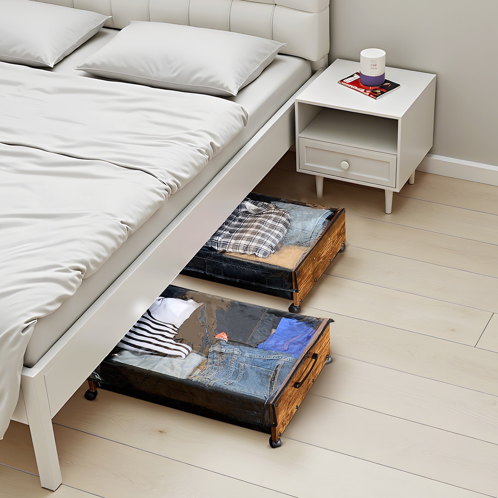 VEVOR Unterbettkommode Unterbettaufbewahrungstasche 2 Stk. rollbar (650 x 460 x 180 mm) Unterbettbehälter mit feststellbaren Rädern, mobile Aufbewahrungsbox für Kleidung Schuhe Schlafzimmer