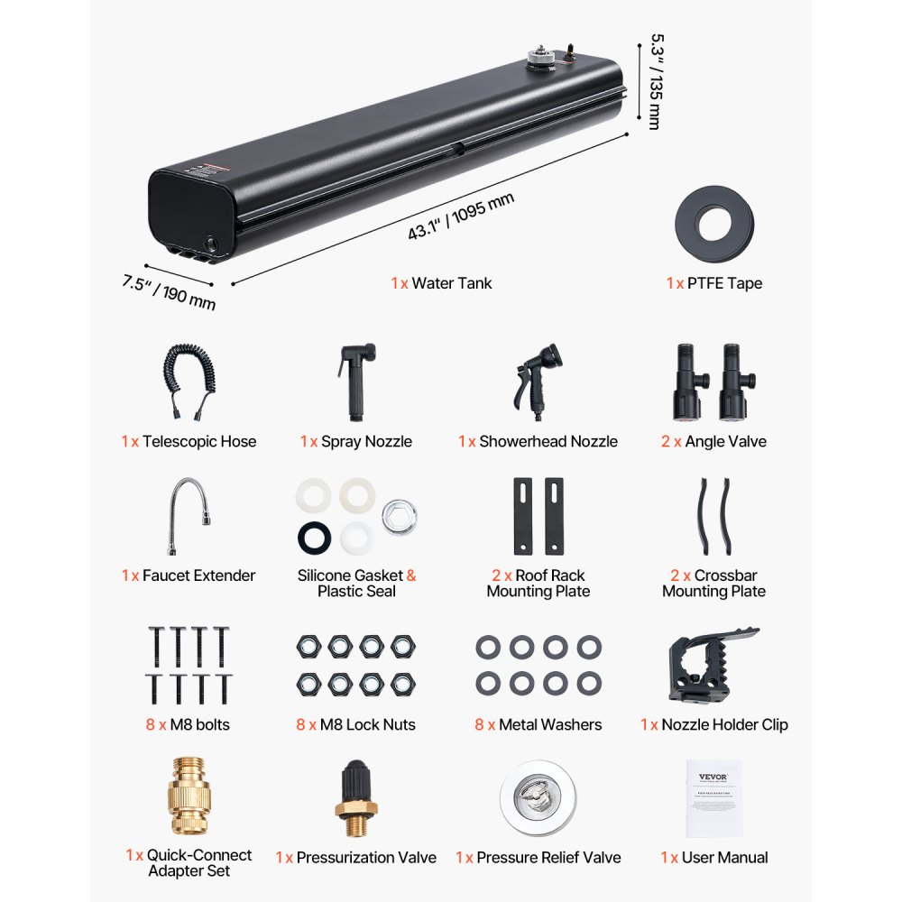 VEVOR Roof Rack Water Tank, 17L Water Storage Tank for Vehicles with 2 Splash Guards and T-Slot, Aluminum Tank with High-Pressure Connection, for Trunks, Roll Bars, and Crossbars