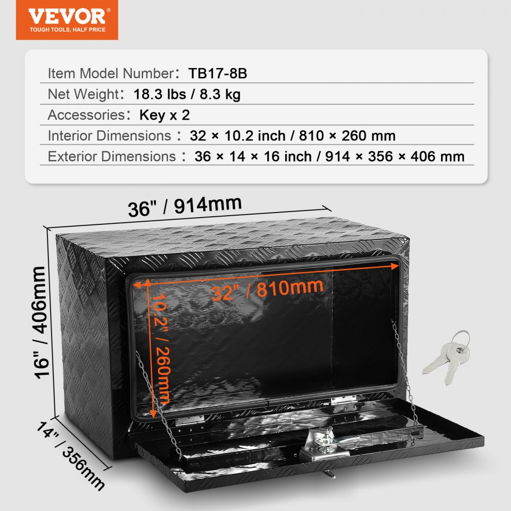 VEVOR Truckbox Werkzeugbox, Unterboden-Anhängerbox, Werkzeugkasten 914 x 356 x 406 mm Pickup-Aufbewahrungsbox, Aluminiumlegierung, 40 kg belastbarer Werkzeugkasten, abschließbare Aufbewahrungsbox