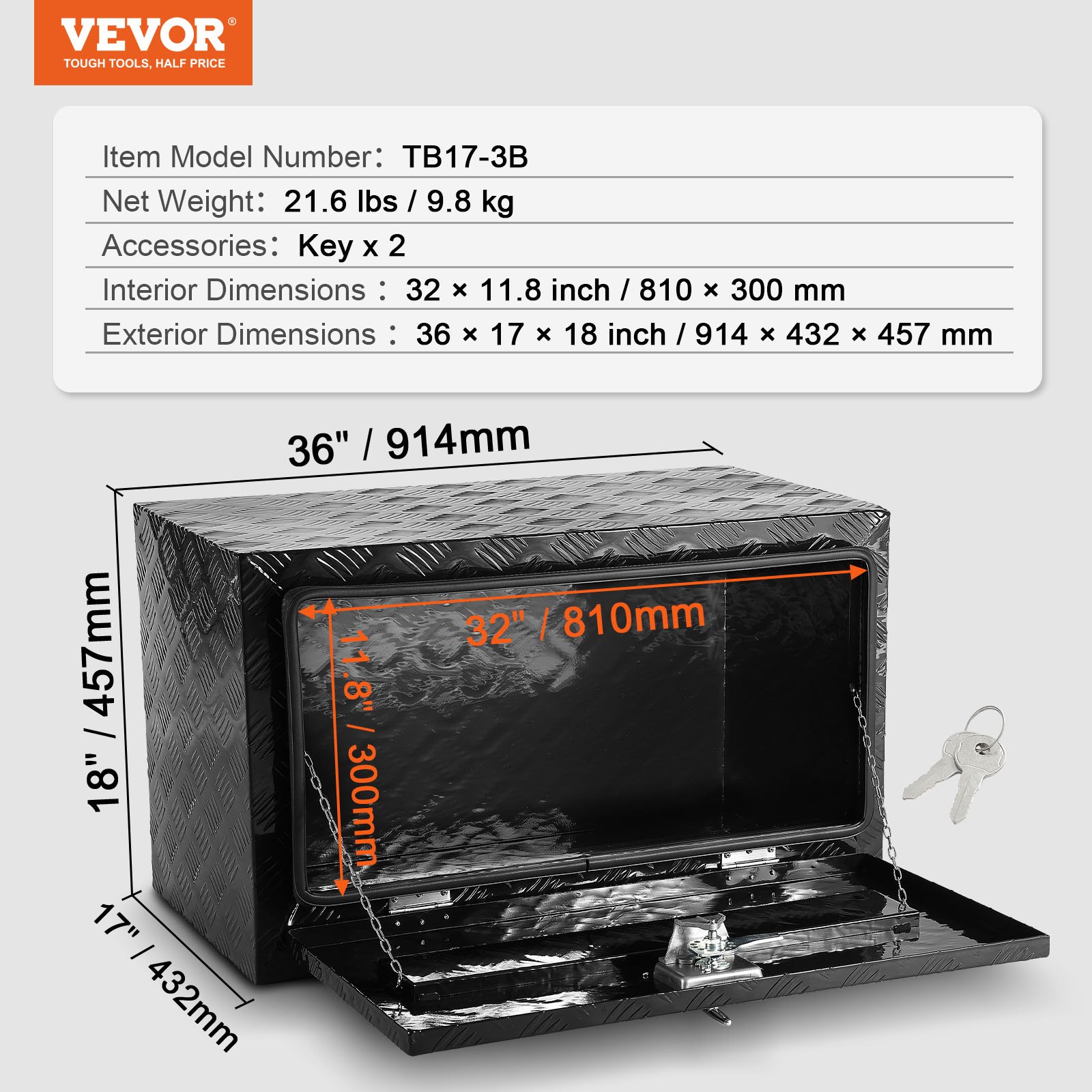 VEVOR Truckbox Werkzeugbox, Unterboden-Anhängerbox, Werkzeugkasten 914 x 432 x 457 mm Pickup-Aufbewahrungsbox, Aluminiumlegierung, 40 kg belastbarer Werkzeugkasten, abschließbare Aufbewahrungsbox