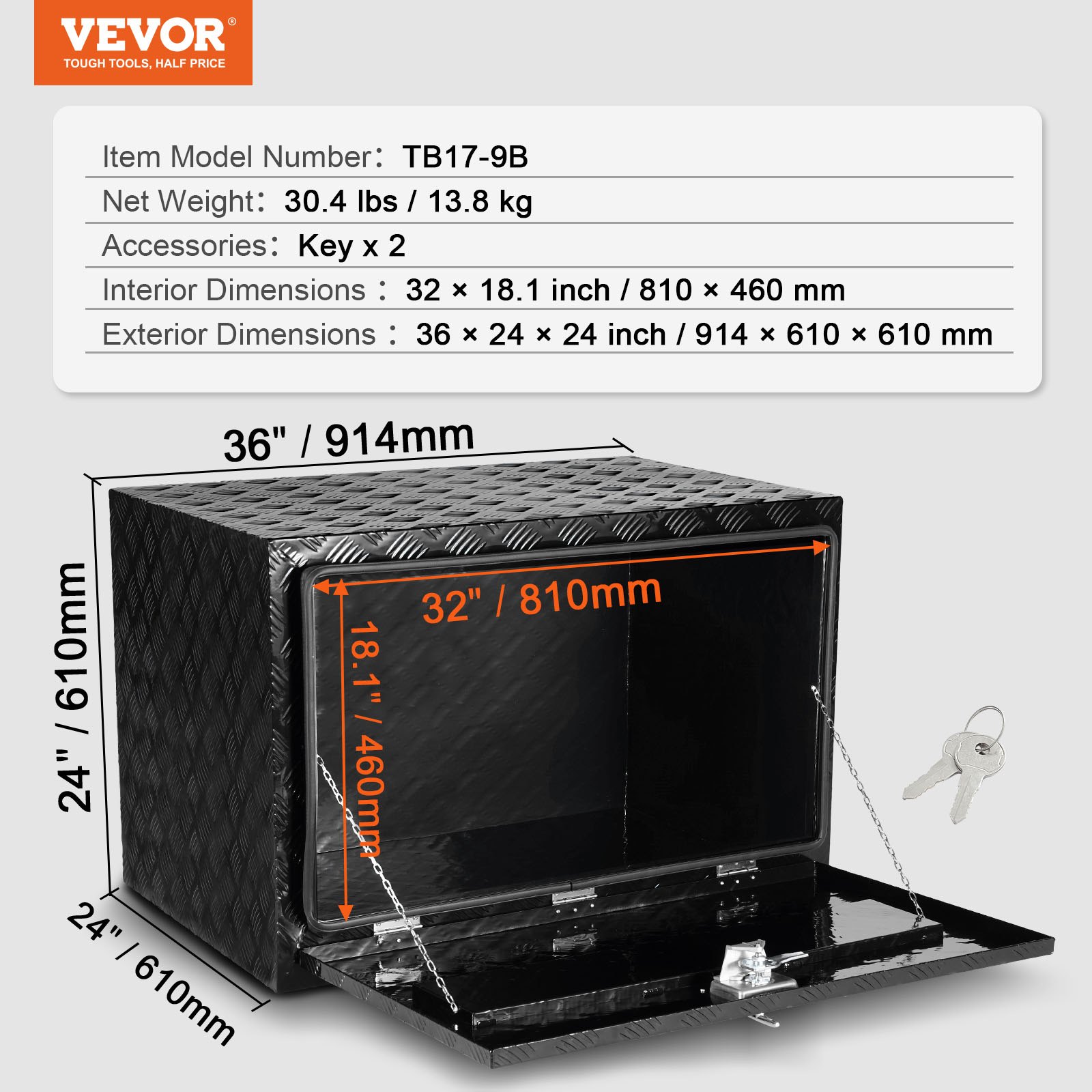 VEVOR Truckbox Werkzeugbox, Unterboden-Anhängerbox, Werkzeugkasten 914 x 610 x 610 mm Pickup-Aufbewahrungsbox, Aluminiumlegierung, 40 kg belastbarer Werkzeugkasten, abschließbare Aufbewahrungsbox