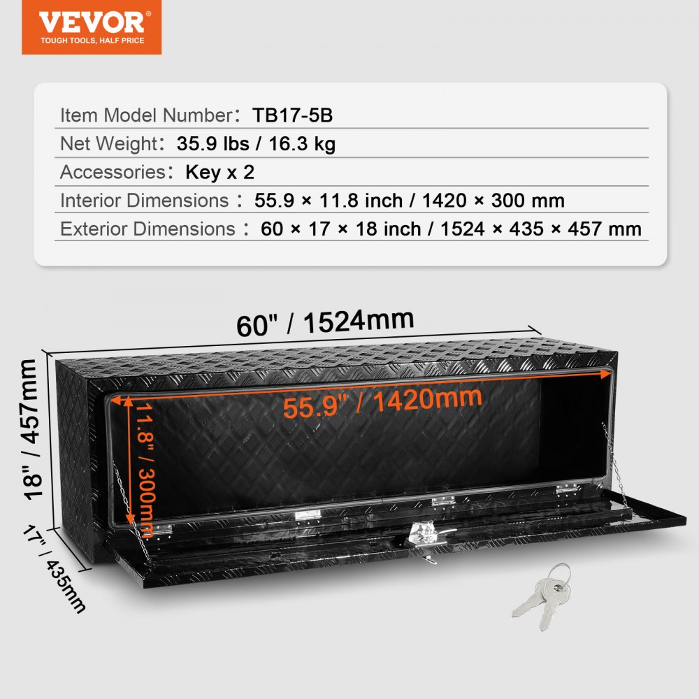 VEVOR Truckbox Werkzeugbox, Unterboden-Anhängerbox, Werkzeugkasten 1524 x 432 x 457 mm Pickup-Aufbewahrungsbox, Aluminiumlegierung, 50 kg belastbarer Werkzeugkasten, abschließbare Aufbewahrungsbox