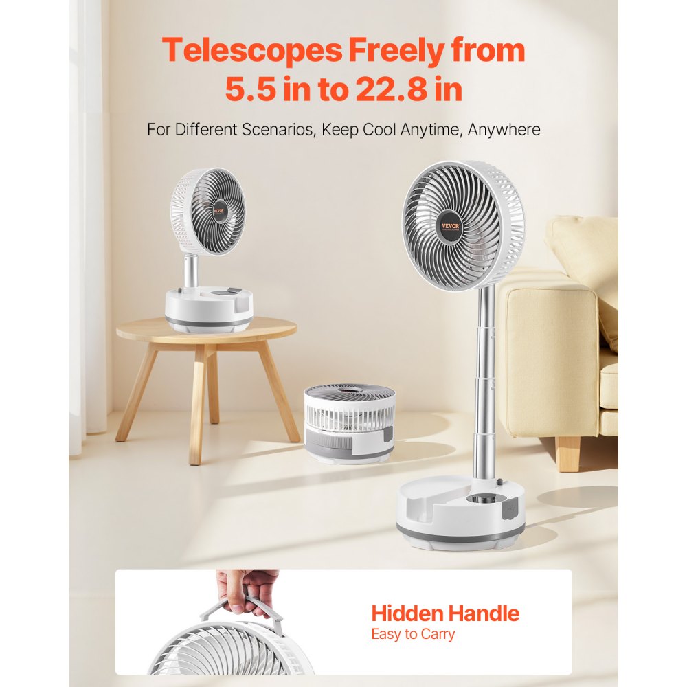 VEVOR 20.3 cm Portable Foldable Rechargeable Oscillating Fan, 3-in-1 Battery Operated with Remote Control, Quiet Desk/Table Pedestal Fan, 8 Speeds,90-degree Auto Left/Right Rotation,for Home,Office