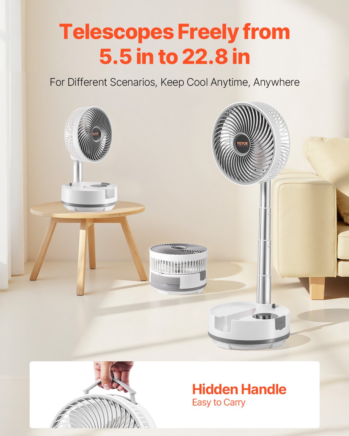 VEVOR 20.3 cm Portable Foldable Rechargeable Oscillating Fan, 3-in-1 Battery Operated with Remote Control, Quiet Desk/Table Pedestal Fan, 8 Speeds,90-degree Auto Left/Right Rotation,for Home,Office