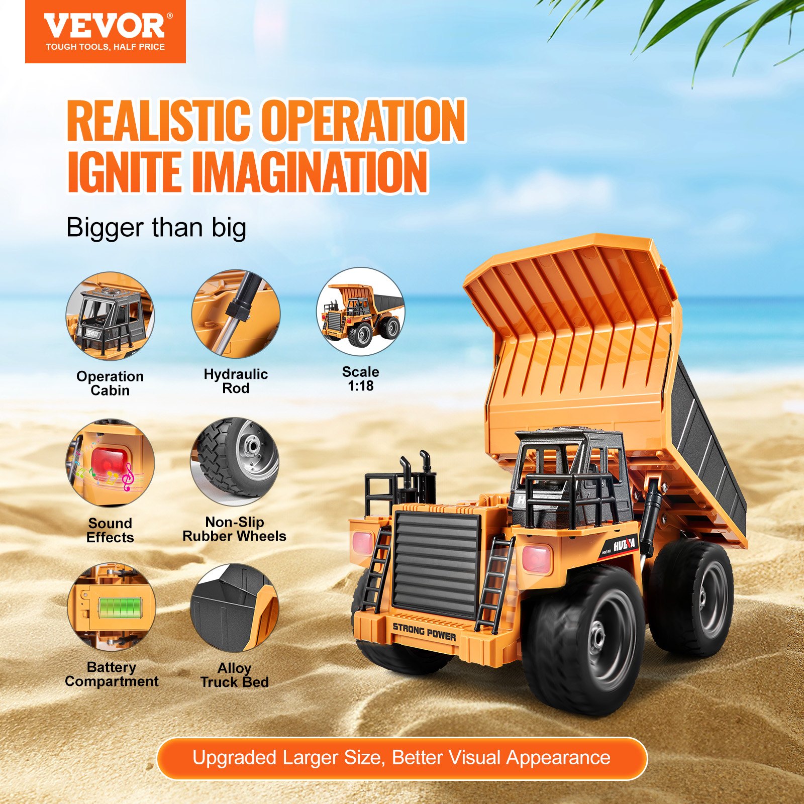 VEVOR RC Dump Truck Toy, 9-Channel, 1:18 Scale, Remote Controlled Dump Truck, RC Construction Vehicle Truck Toy with Metal Flatbed and Lights, 2 Rechargeable Batteries for Toddlers, Boys and Girls Ages 8 and Up