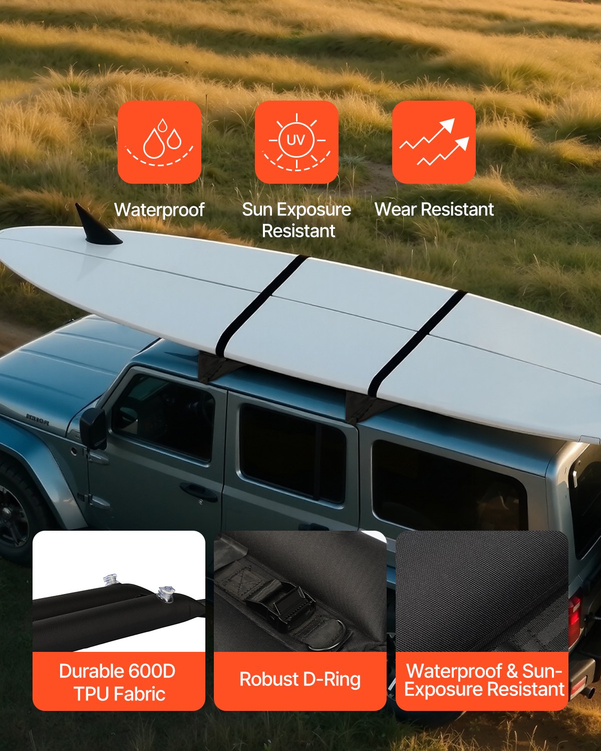 VEVOR Inflatable Soft Roof Rack Pads, 95 cm Universal Car Roof Rack Pads, 40 kg Load Capacity Kayak Carrier with 2 Tie-Down Straps & Ropes & Hand Air Pump for Canoes, Surfboards, and SUPs