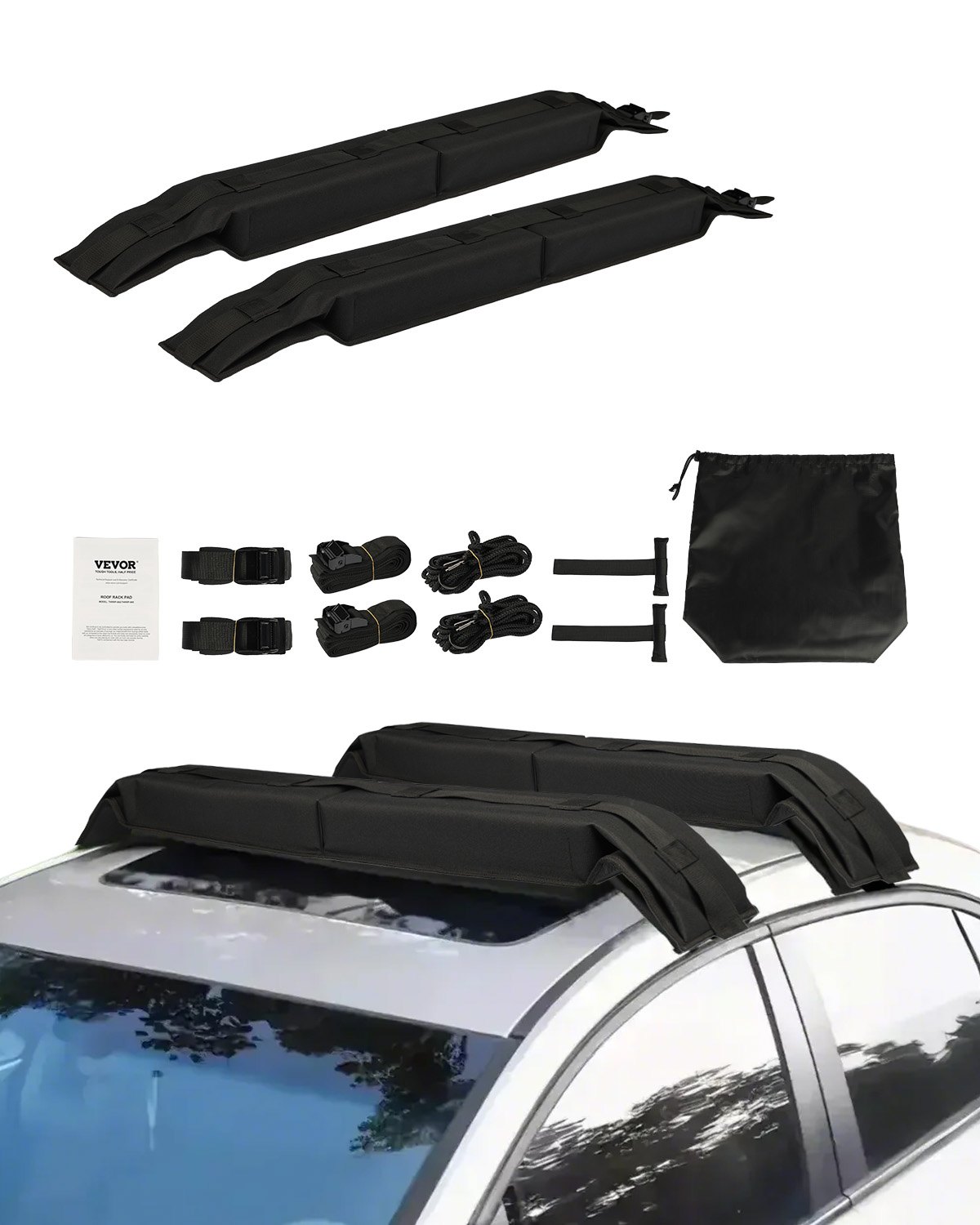 VEVOR Soft Roof Rack Pads (76 cm) Large Universal Car Roof Rack Pads, 80 kg Load Capacity Carrier Pads with 4 Tie-Down Straps & Portable Storage Bag for SUP Canoe