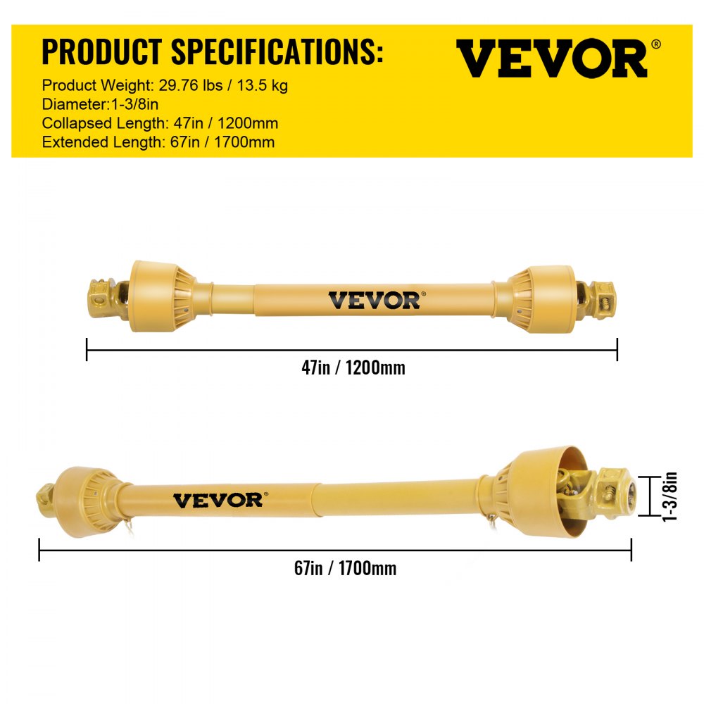 Vevor Gelenkwelle Zapfwelle Traktor 1-3/8 Zoll 6 Zähne Kardanwelle 1200-1700 Mm