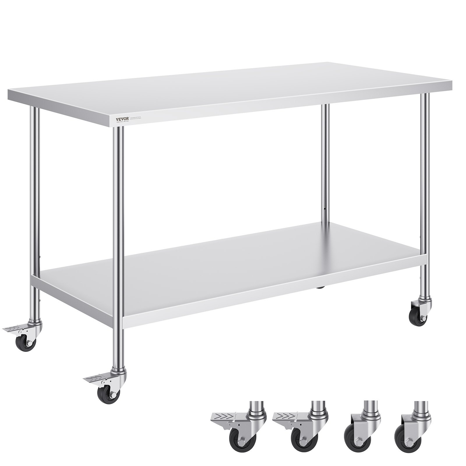 VEVOR Arbeitstisch aus Edelstahl, Zubereitungstisch mit 4 Rädern, 3 einstellbaren Höhenstufen, Arbeitstisch zur Lebensmittelzubereitung für gewerbliche Küchen und Restaurants 762 x 1524 x 954,6 mm