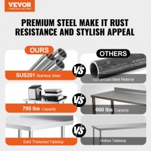 VEVOR Edelstahl-Arbeitstisch, kommerzieller Lebensmittelzubereitungs-Arbeitstisch mit Rollen, Vorbereitungsarbeitstisch, Arbeitstisch mit einstellbarer Höhe für Restaurant, Hotel 610 x 762 x 1005,6 mm