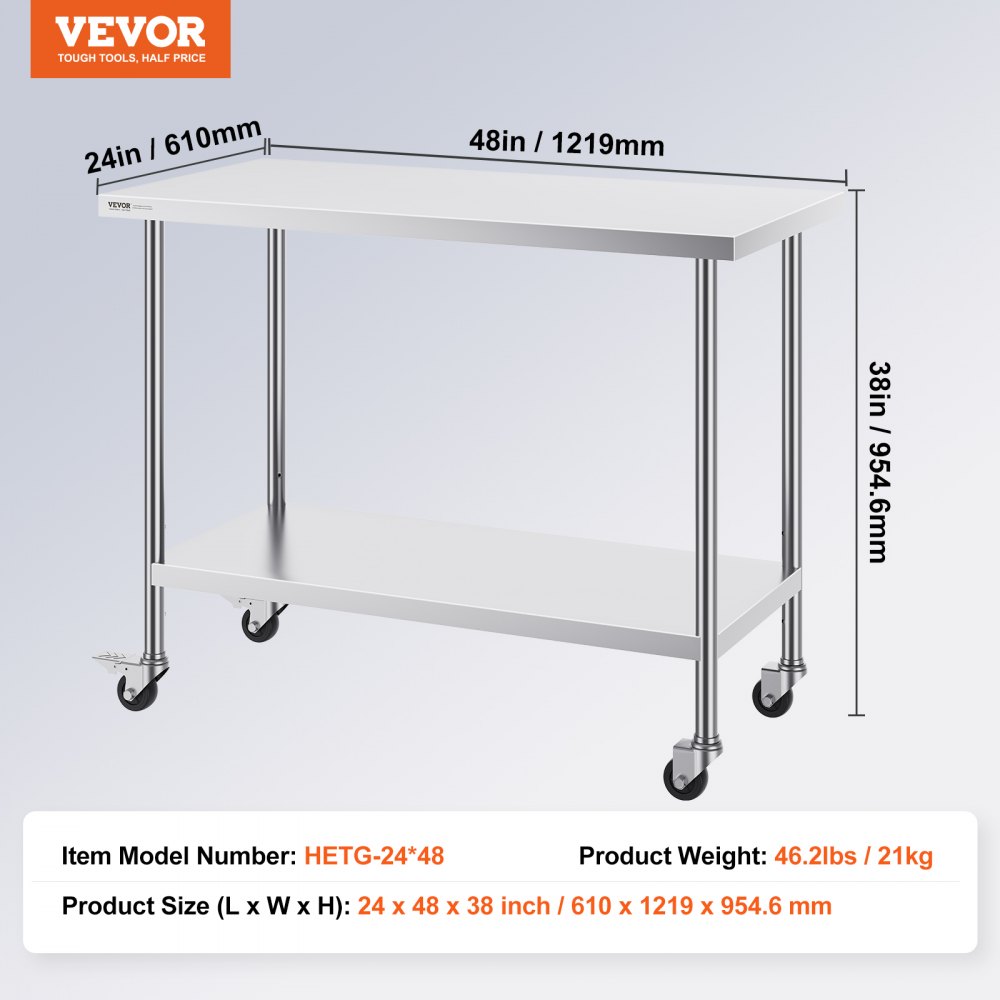 VEVOR Stainless Steel Work Table, Rolling Kitchen Table, 3 Adjustable Height Levels, Robust Kitchen Table for Food Preparation for Commercial Kitchens and Restaurants 610 x 1219 x 954.6 mm