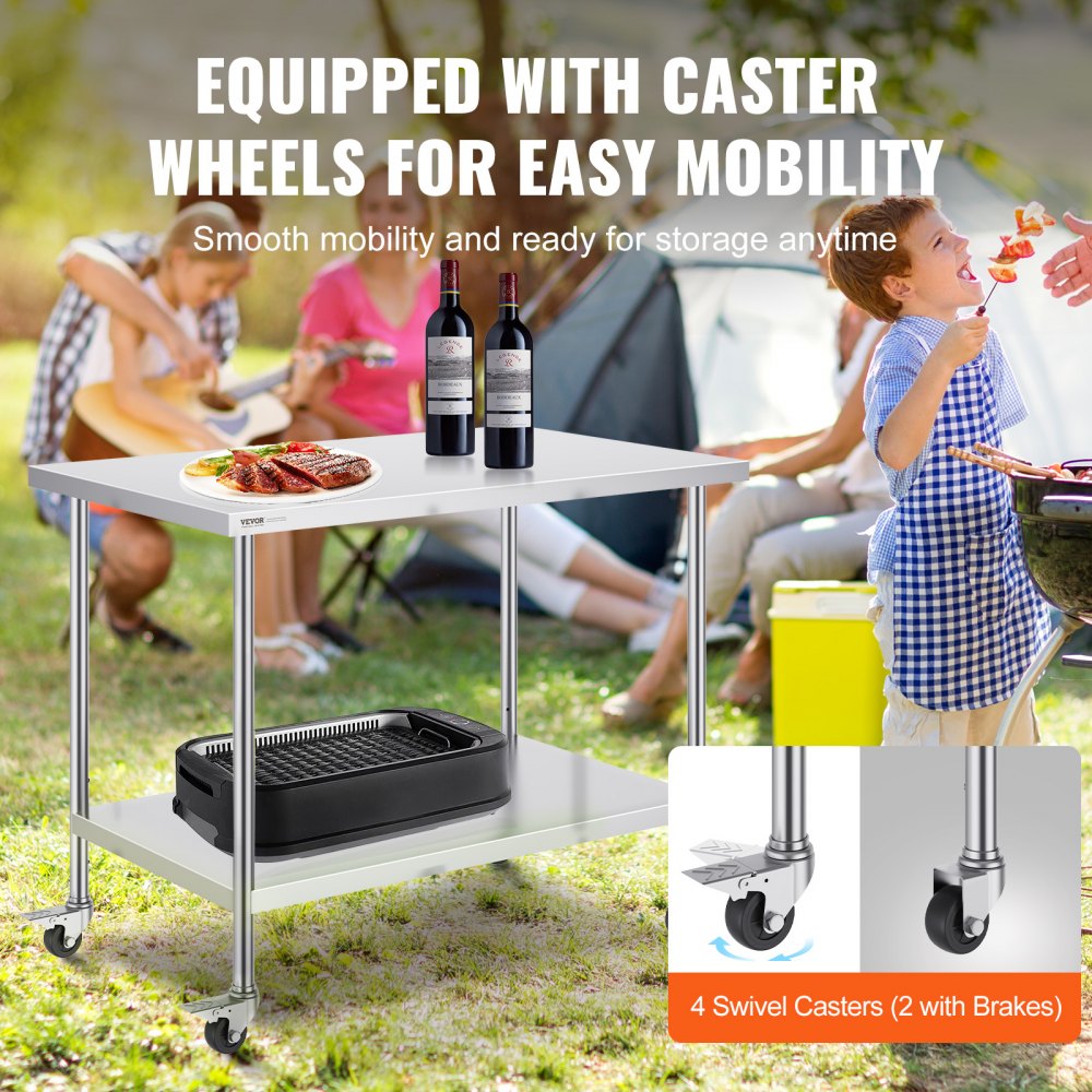 VEVOR stainless steel work table with 4 wheels, preparation table with 3 adjustable height levels, robust work table for commercial kitchens and restaurants, silver