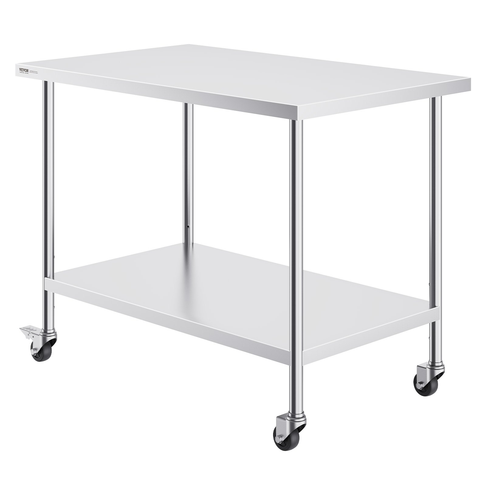 VEVOR stainless steel work table with 4 wheels, preparation table with 3 adjustable height levels, robust work table for commercial kitchens and restaurants, silver