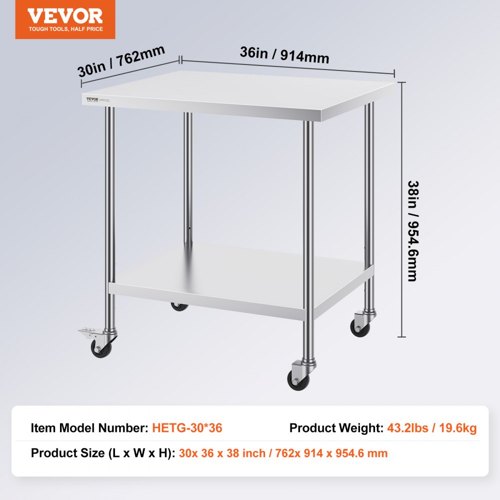VEVOR Arbeitstisch aus Edelstahl, Küchentisch 762 x 914 x 954,6 mm, Zubereitungstisch, mit 4 Rädern, 3 einstellbaren Höhenstufen, Arbeitstisch zur Lebensmittelzubereitung für gewerbliche Restaurants