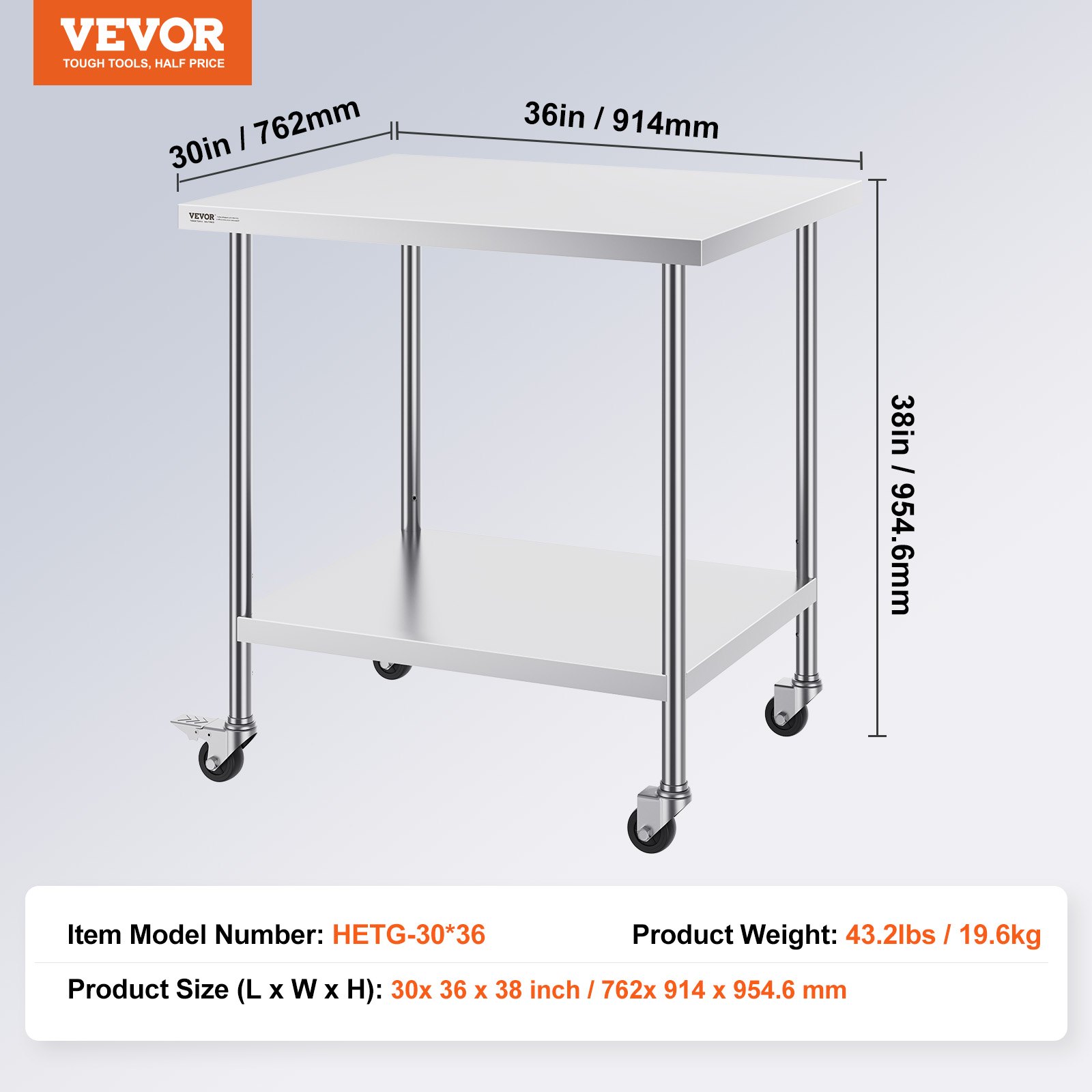 VEVOR stainless steel work table, kitchen table 762 x 914 x 954.6 mm, preparation table, with 4 wheels, 3 adjustable height levels, food preparation work table for commercial restaurants