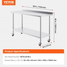 VEVOR Edelstahl-Arbeitstisch, kommerzieller Lebensmittelzubereitungs-Arbeitstisch mit Rollen, Arbeitstisch mit einstellbarer Höhe für Restaurant, Zuhause und Hotel 610 x 1524 x 1005,6 mm