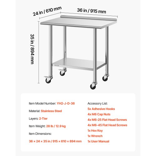 VEVOR Edelstahl Arbeitstisch 915 X 610 X 894 Mm – Verstellbar Mit Rollen & Aufkantung – Gastro-Qualität Für Restaurant, Werkstatt & Grill