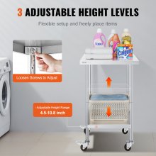 VEVOR Arbeitstisch aus Edelstahl, 61 x 61 x 96,5 cm, Zubereitungstisch Gastro mit 4 Rädern, 3 einstellbaren Höhenstufen, Arbeitstisch zur Lebensmittelzubereitung für gewerbliche Küchen und Restaurant