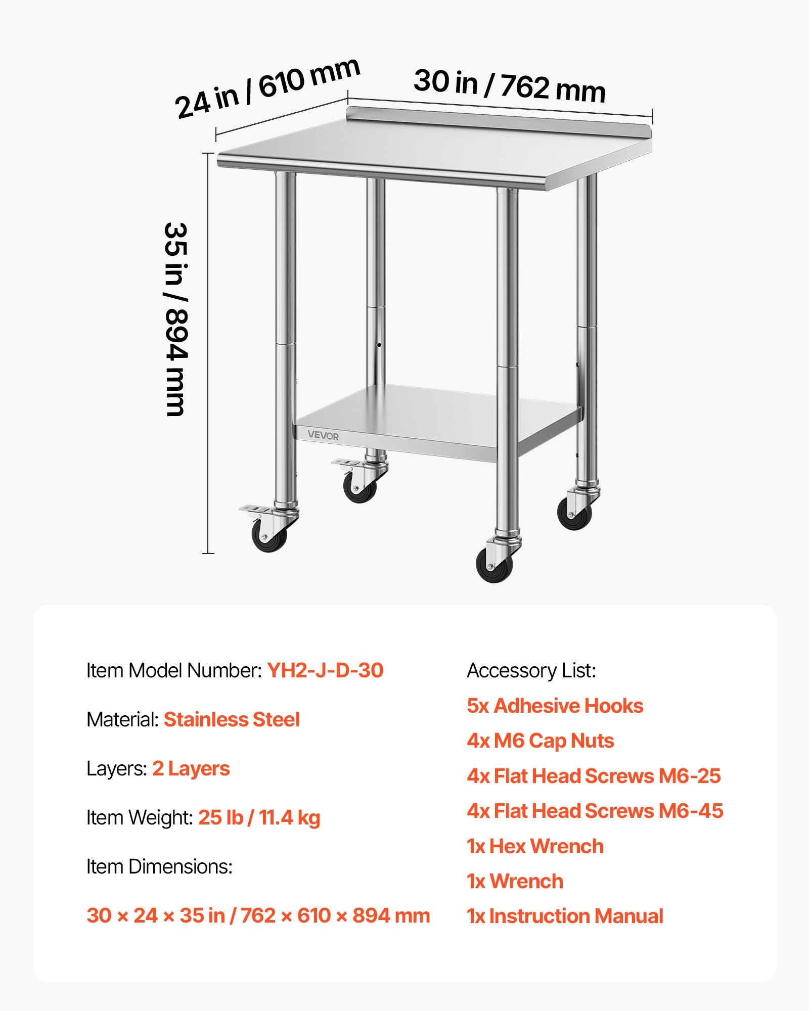 VEVOR Edelstahltisch Gastro 762 x 610 x 894 mm, Verstellbarer Edelstahltisch mit Rollen, Aufkantung (30 mm), Arbeitstisch mit Grundboden für Restaurant Obere Ablage (204 kg) Untere Ablage (168 kg)