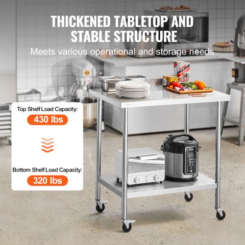 Produktbild von VEVOR Edelstahl-Arbeitstisch Mit Rollen – 61x91x100 Cm – Höhenverstellbare Regale, SUS201 – Für Küche, Garage & Gastro