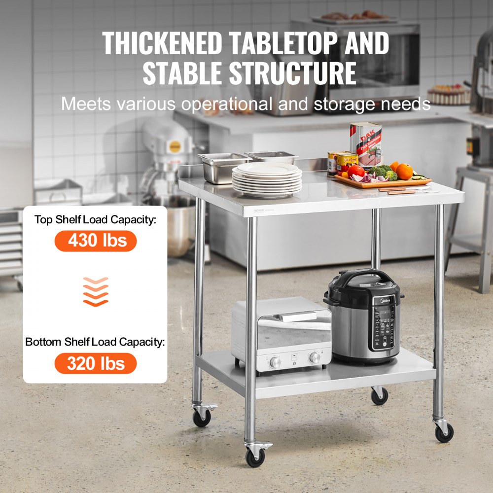 VEVOR Edelstahl-Arbeitstisch, kommerzieller Lebensmittelzubereitungs-Arbeitstisch mit Rollen, Vorbereitungs-Arbeitstisch, Metall-Arbeitstisch mit einstellbarer Höhe für Restaurant 610 x 914 x 1005,6 m