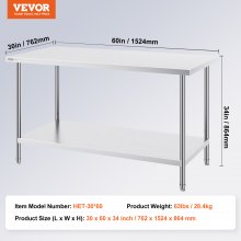 VEVOR Arbeits- und Zubereitungstisch Edelstahl Arbeitstisch 762x1524mm Zweilagig