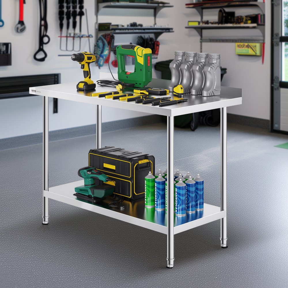 VEVOR Edelstahl-Arbeitstisch, gewerblicher Arbeitstisch zur Lebensmittelzubereitung, robuster Arbeitstisch aus Metall mit einstellbarer Höhe für Restaurant, Zuhause und Hotel 610 x 1219 x 914 mm