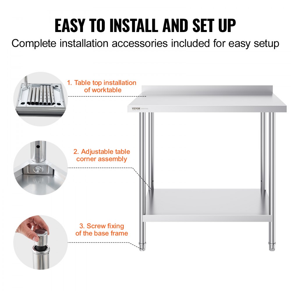 VEVOR Edelstahl-Arbeitstisch, gewerblicher Arbeitstisch zur Lebensmittelzubereitung, robuster Arbeitstisch aus Metall mit einstellbarer Höhe für Restaurant, Zuhause und Hotel 610 x 914 x 914 mm