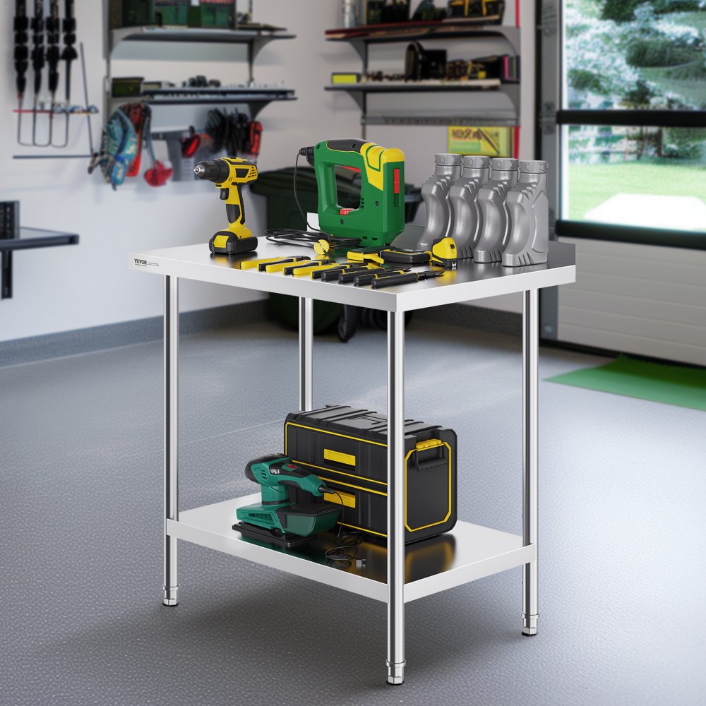 VEVOR Edelstahl-Arbeitstisch, gewerblicher Arbeitstisch zur Lebensmittelzubereitung, robuster Arbeitstisch aus Metall mit einstellbarer Höhe für Restaurant, Zuhause und Hotel 610 x 914 x 914 mm