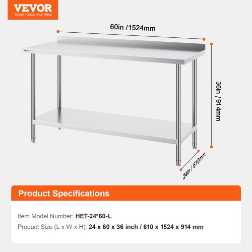 VEVOR Edelstahl-Arbeitstisch 610x1524x914 Mm – Gastro-Arbeitstisch Mit Verstellbaren Regalen, 0,8 Mm Stark, Für Restaurant, Küche & Hotel
