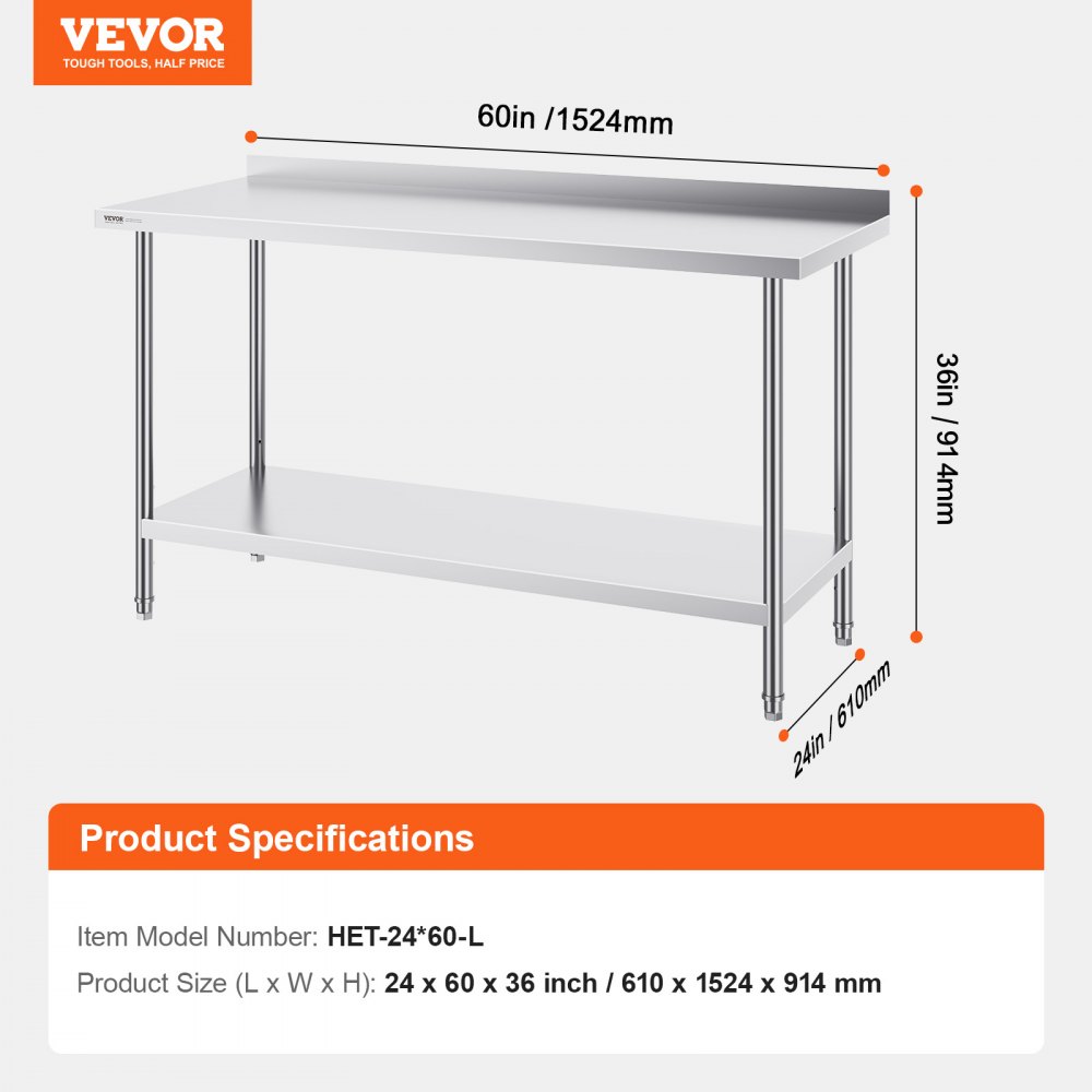 VEVOR Edelstahl-Arbeitstisch, gewerblicher Arbeitstisch zur Lebensmittelzubereitung, 610 x 1524 x 914 mm robuster Arbeitstisch aus Metall mit einstellbarer Höhe für Restaurant, Zuhause und Hotel