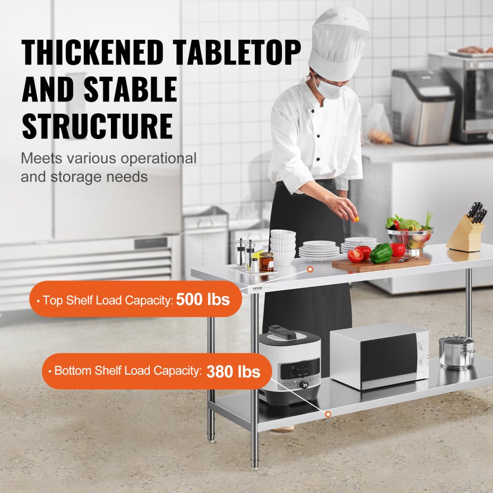VEVOR Zubereitungstisch aus Edelstahl, robuster Metall-Arbeitstisch mit 3 einstellbaren Höhenstufen, gewerbliche Arbeitsstation für Küche, Garage, Restaurant, Hinterhof 610 x 1829 x 864 mm