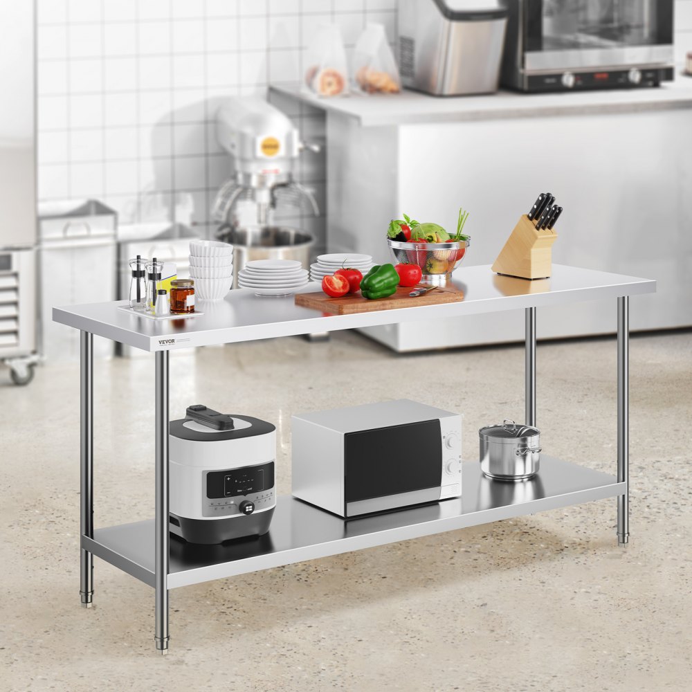 VEVOR Zubereitungstisch aus Edelstahl, robuster Metall-Arbeitstisch mit 3 einstellbaren Höhenstufen, gewerbliche Arbeitsstation für Küche, Garage, Restaurant, Hinterhof 610 x 1829 x 864 mm
