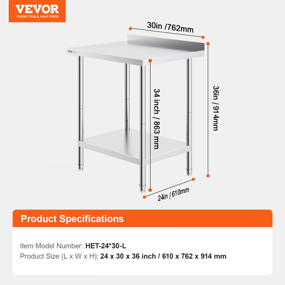 VEVOR Edelstahl-Arbeitstisch, gewerblicher Arbeitstisch zur Lebensmittelzubereitung, robuster Arbeitstisch mit einstellbarer Höhe für Restaurant, Zuhause und Hotel Zubereitungstisch 610 x 762 x 914 mm