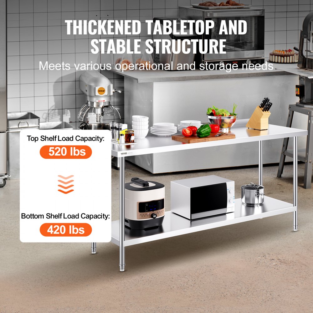 VEVOR Edelstahl-Arbeitstisch, gewerblicher Arbeitstisch zur Lebensmittelzubereitung, Arbeitstisch aus Metall mit einstellbarer Höhe für Restaurant, Zuhause und Hotel 610 x 1829 x 914 mm