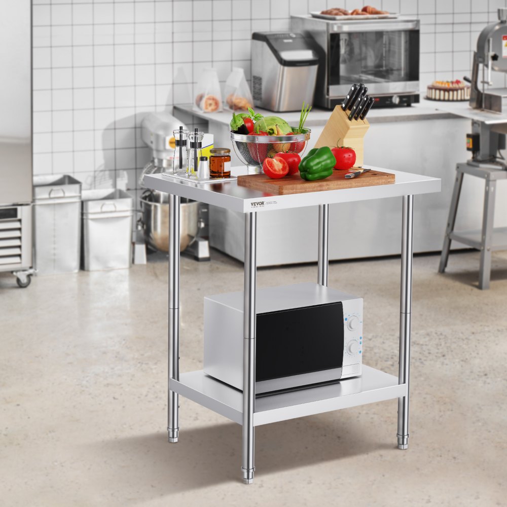 VEVOR Stainless Steel Preparation Table, 610 x 762 x 864 mm, 318 kg Load Capacity, Work Table with 3 Adjustable Height Levels, Commercial Workstation for Kitchen, Restaurant, Backyard