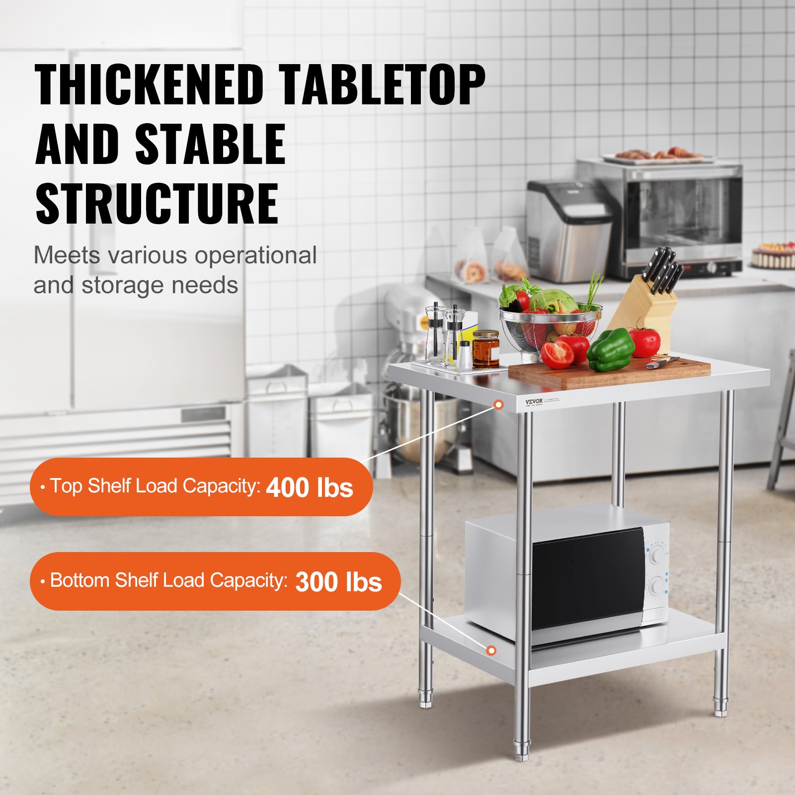 VEVOR Stainless Steel Preparation Table, 610 x 762 x 864 mm, 318 kg Load Capacity, Work Table with 3 Adjustable Height Levels, Commercial Workstation for Kitchen, Restaurant, Backyard
