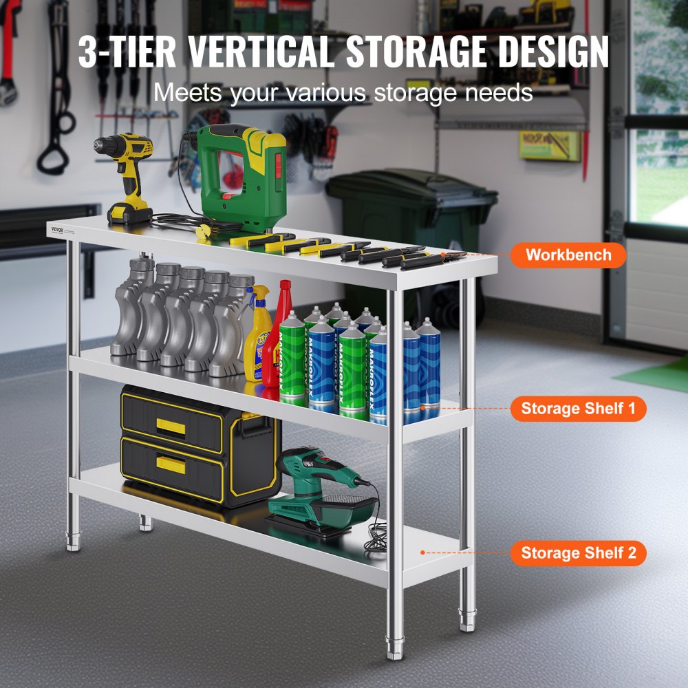 VEVOR Lebensmittel-Zubereitungstisch aus Edelstahl, 356 x 1219 x 864 mm gewerblicher Küchenarbeitstisch, mit 2 verstellbaren Unterregalen, Zubereitungstisch für Grill, Küche, Zuhause und Garage