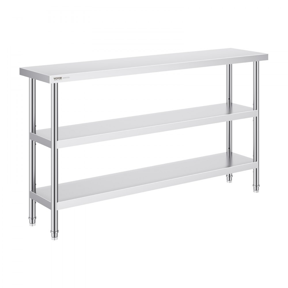 VEVOR Lebensmittel-Zubereitungstisch aus Edelstahl, gewerblicher Küchenarbeitstisch, mit 2 verstellbaren Unterregalen, Zubereitungstisch für Grill, Küche, Zuhause und Garage 356 x 1524 x 864 mm