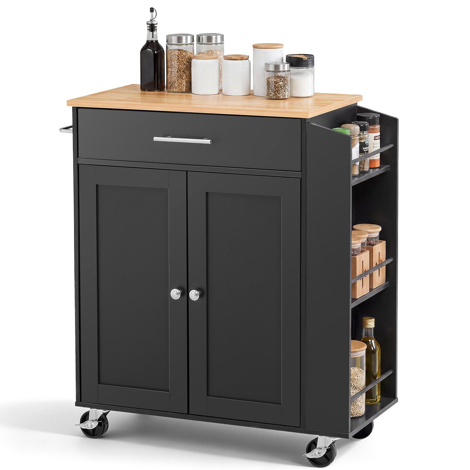 VEVOR Kücheninselwagen mit 1 Schublade & 2 Türen Schwarz Mobile Kücheninsel, Küchenwagen mit Gewürzhalter, Handtuchhalter, Tischplatte (640 x 380 x 15 mm) & Verstellbaren Regalböden fürs Esszimmer