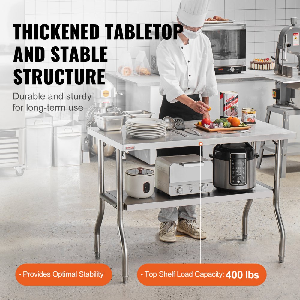 VEVOR Arbeitstisch Küche, 1220 x 610 x 850 mm Arbeitstisch Gastro 2-lagiger Zubereitungstisch Edelstahl Gastro Tisch, Essenszubereitung Gewerbe Küchentisch Lebensmittel Küchentisch Edelstahltisch