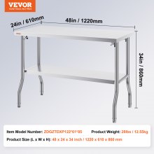 VEVOR Arbeitstisch Küche, 1220 x 610 x 850 mm Arbeitstisch Gastro 2-lagiger Zubereitungstisch Edelstahl Gastro Tisch, Essenszubereitung Gewerbe Küchentisch Lebensmittel Küchentisch Edelstahltisch